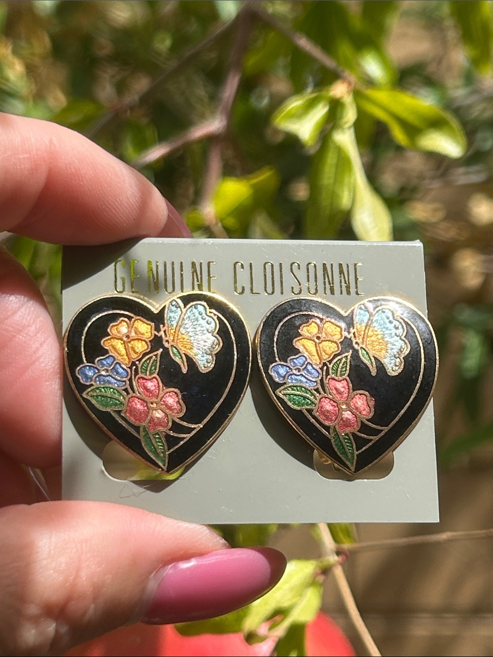 Vintage Cloisonné Black Heart Floral Butterfly Earrings